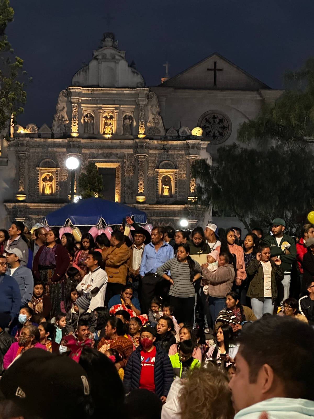 Night View of the Cathedral in Quetzaltenango During a Prosesion Colonial church lit up at night during a cultural gathering in Quetzaltenango, Guatemala